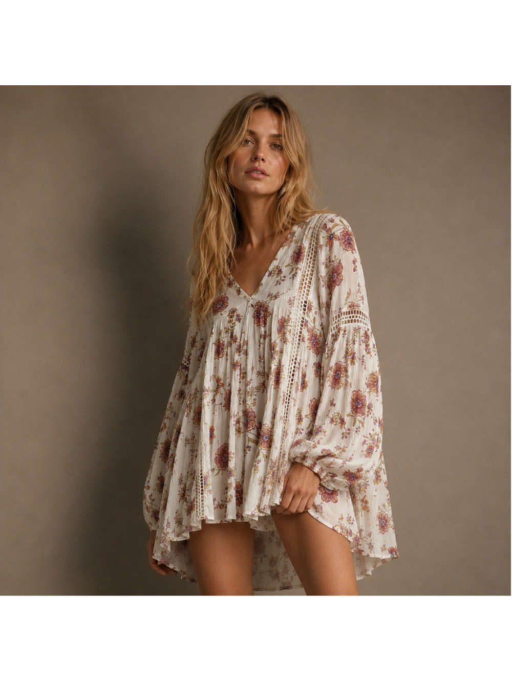 Free People Floral Tunic Dress Oversized XS Crotchet Inset